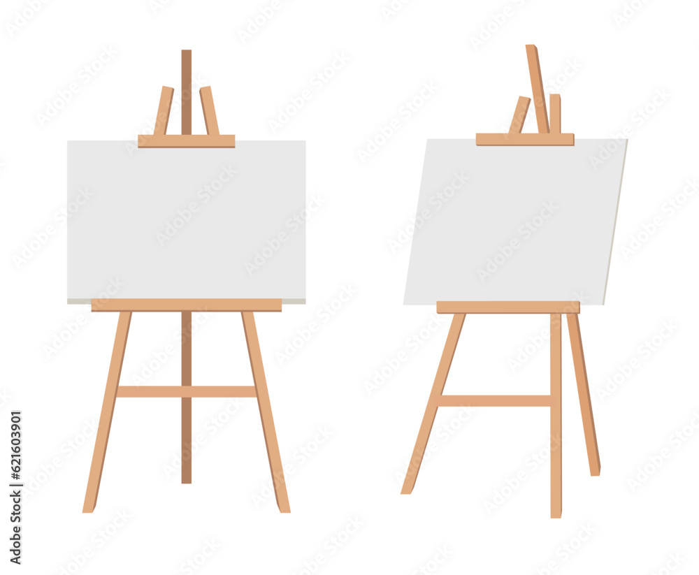 Realistic paint desk with blank white canvas. Wooden easel and a sheet of drawing paper. Vector illustration. Realistic paint desk with blank white canvas. Wooden easel and a sheet of drawing paper. Vector illustration.