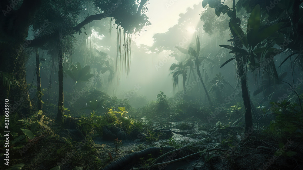 Mysterious misty woods. Panoramic jungle oasis. Dark natural landscape. Generative Ai Mysterious misty woods. Panoramic jungle oasis. Dark natural landscape. Generative Ai