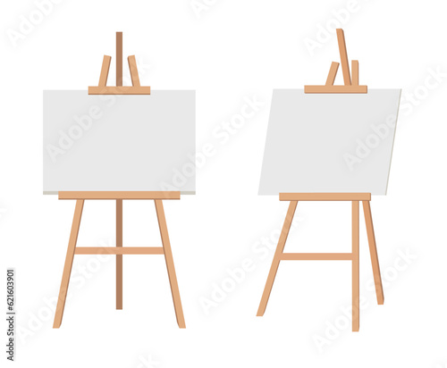 Realistic paint desk with blank white canvas. Wooden easel and a sheet of drawing paper. Vector illustration.