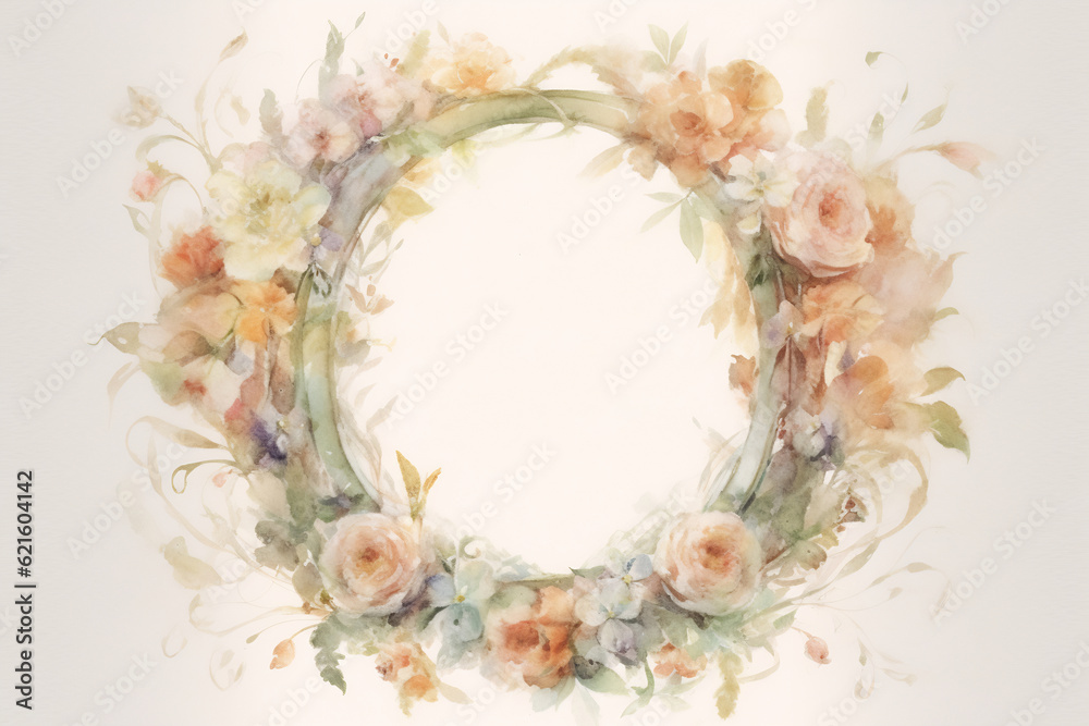 Obraz premium Wreath of flowers. Watercolor painting. PGreeting card with flowers. Can be used as an invitation card for wedding, birthday and other holiday and summer background