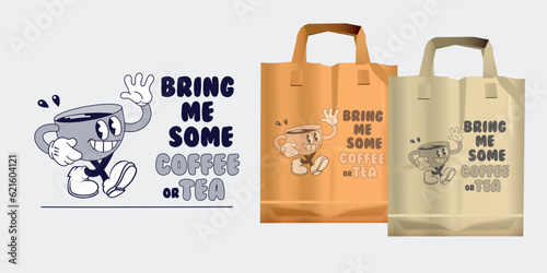 vintage cartoon cafe logo, cup of coffee comic mascot, walking and waving a hand, paper bag design mockup, vector