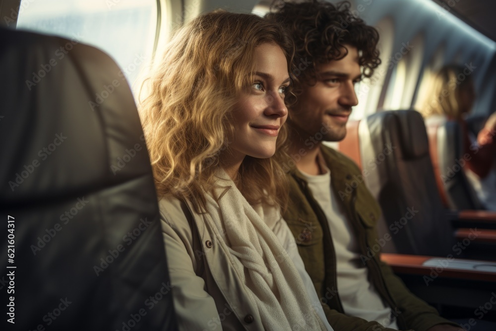 A woman on a plane with her man. Background with selective focus and copy space