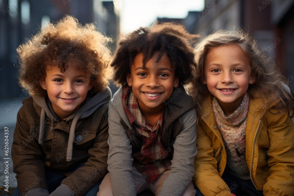 Children sit on the steps of the school stairs during recess. Back To School concept. Background with selective focus Children sit on the steps of the school stairs during recess. Back To School concept. Background with selective focus