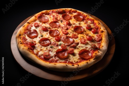 a pepperoni pizza on a black background, created by Generative AI