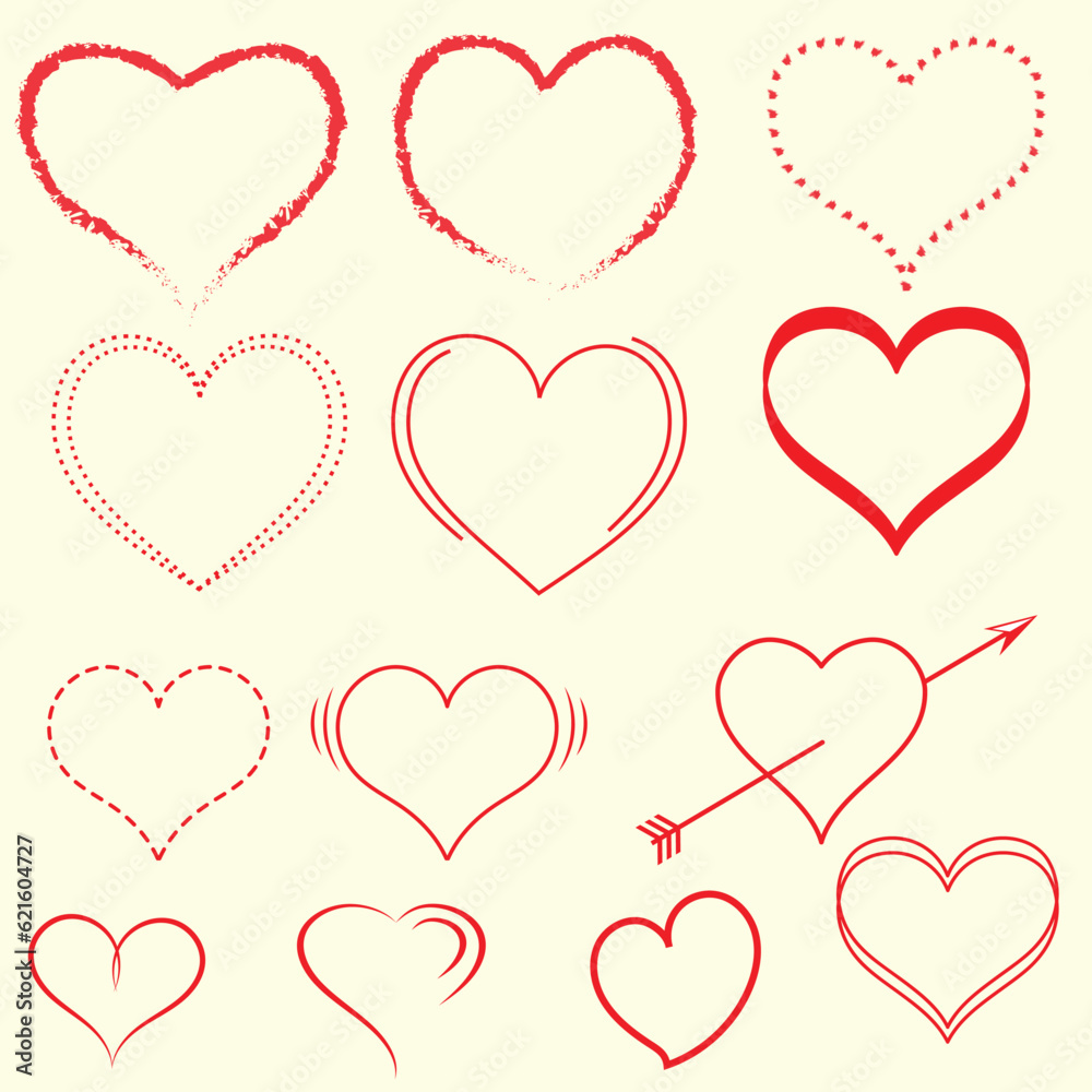 Heart vector. Hearts flat icons. Set of red hearts icons. Valentines Day. Collection of heart illustrations, love symbol icons set. heart vector drawn by brush tool.