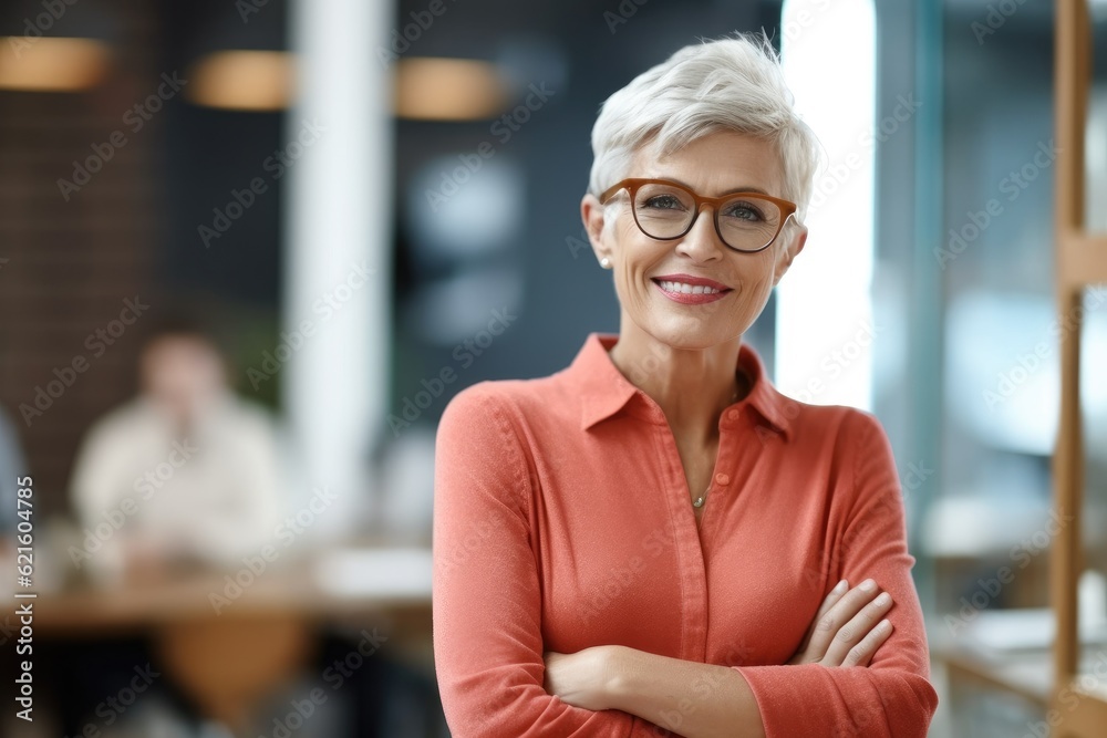 Confident senior business woman standing with crossed hands in financial building. Confident senior business woman standing with crossed hands in financial building.