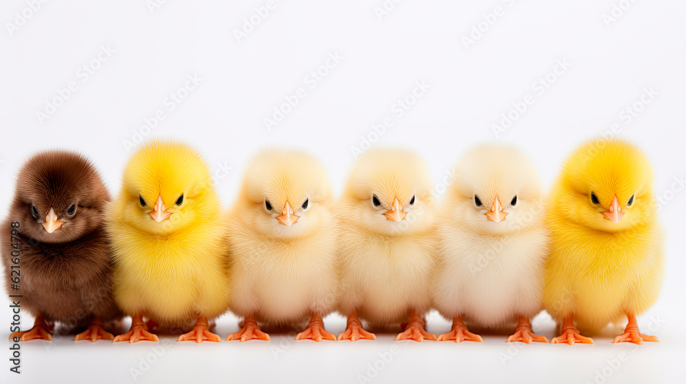 Many cute chicks on white background. Space for text