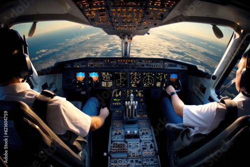 Tableau sur toile Pilots at work of modern passenger jet aircraft, Airplane cockpit