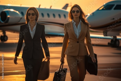 Businesswoman walking from a private jet, Team walk through the airport.