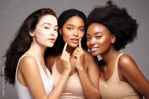 Diversity women about inclusion advertising in studio, Beauty secret, skincare cream.