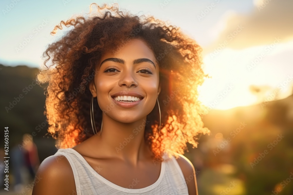 Young african woman smiling at sunset, Summer vacation or holiday, Nature. Young african woman smiling at sunset, Summer vacation or holiday, Nature.