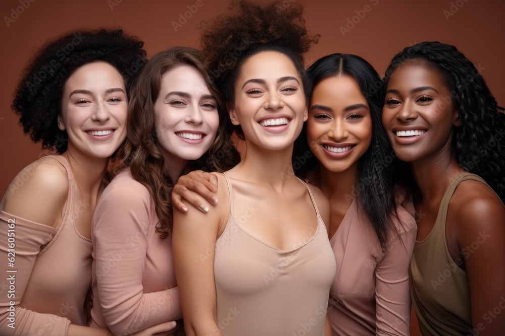 portrait and women with diversity and beauty, Skincare, Diversity and women hug portrait for inclusivity, happiness and healthy skin texture, Interracial beauty and model group.