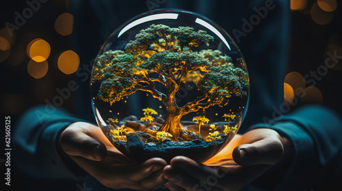 A tree in a transparent glass ball in the hands of a man. Environmental Protection. Ecology.