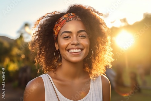 Young african woman smiling at sunset, Summer vacation or holiday, Nature.