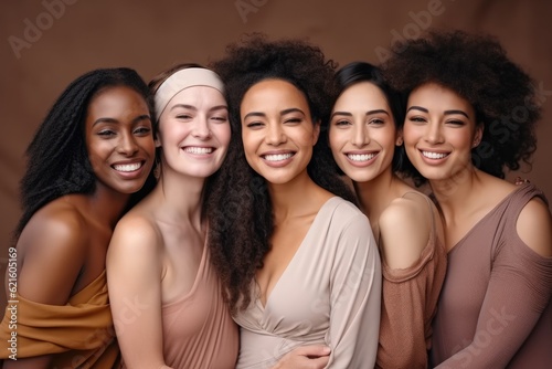 portrait and women with diversity and beauty, Skincare, Diversity and women hug portrait for inclusivity, happiness and healthy skin texture, Interracial beauty and model group.