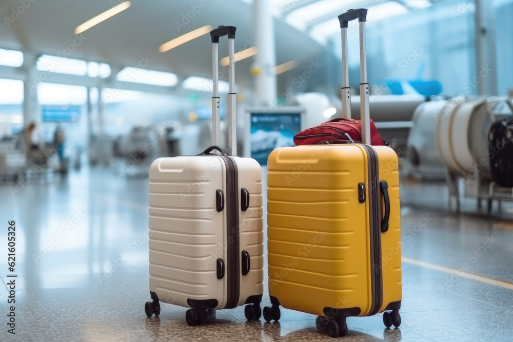 Two suitcases in empty airport hall, Vacation concept, Advertisement banner for air travels and flight bookings. Two suitcases in empty airport hall, Vacation concept, Advertisement banner for air travels and flight bookings.