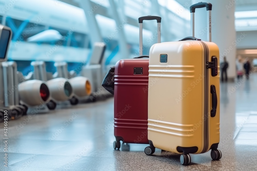 Two suitcases in empty airport hall, Vacation concept, Advertisement banner for air travels and flight bookings. Two suitcases in empty airport hall, Vacation concept, Advertisement banner for air travels and flight bookings.