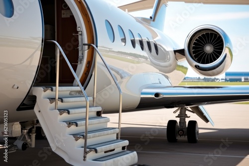 Ladder in a private jet, Business private jet airplane parked at terminal, Luxury tourism and business travel transportation concept.