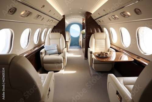 Interior of expensive private jet airline service for executive vacation, Luxury Private Airplane Jet.