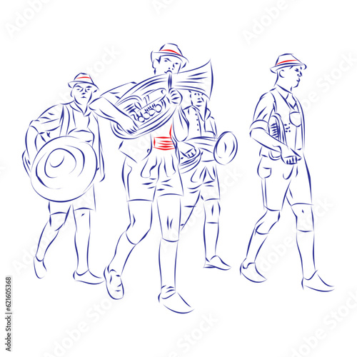 Continuous line drawing of a marching brass band playing tubas  isolated on white. Hand drawn  vector illustration