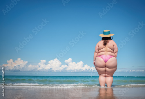 Grosse femme avec un chapeau de paille debout dans la mer. Generative AI. photo