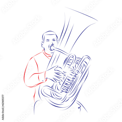 Continuous line drawing of a young man playing a modern tuba, isolated on white. Hand drawn, vector illustration