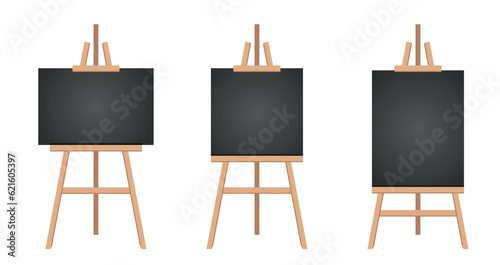 Realistic paint desk with blank white canvas. Wooden easel and a sheet of drawing paper. Vector illustration. © pvl0707