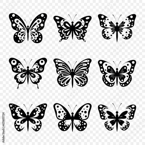 Flat Vector Butterfly Icon Set Isolated. Black and White Cut Out Butterflies Collection with Different Wings. Decorative Silhouette Design Elements. Vector illustration © gomolach