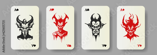 Vector graphic set of playing cards. Aces of four suits. Spades, hearts, clubs and diamonds. Portraits of sinister scary evil horned smiling demons.