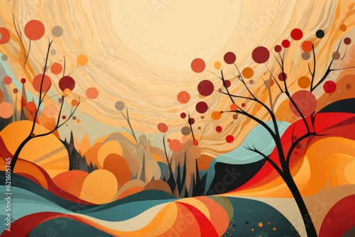 Autumn inspired abstract patterns and shapes. Modern autumn pattern with different leaves and trees in seasonal colors. Minimalistic style wallpaper with autumn element