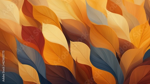 Fototapeta Naklejka Na Ścianę i Meble -  Autumn inspired abstract patterns and shapes. Modern autumn pattern with different leaves and trees in seasonal colors. Minimalistic style wallpaper with autumn element