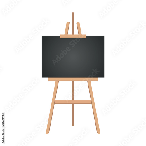 Realistic paint desk with blank white canvas. Wooden easel and a sheet of drawing paper. Vector illustration.