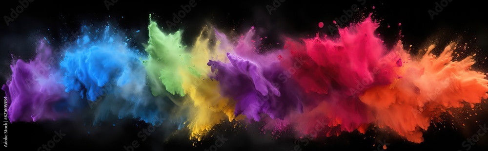 Holi powder explosions, abstract pattern, vivid hues and multicolored abstract panorama banner. Splash of color paint or smoke isolated on dark black background.