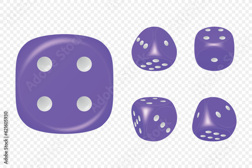 Vector 3d Realistic Purple Game Dice with White Dots Set in Different Positions Isolated. Gambling Games Design, Casino, Poker, Tabletop, Board Games. Realistic Cubes, Random Numbers, Rounded Edges