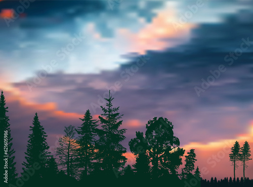 lilac and purple sunset in green forest