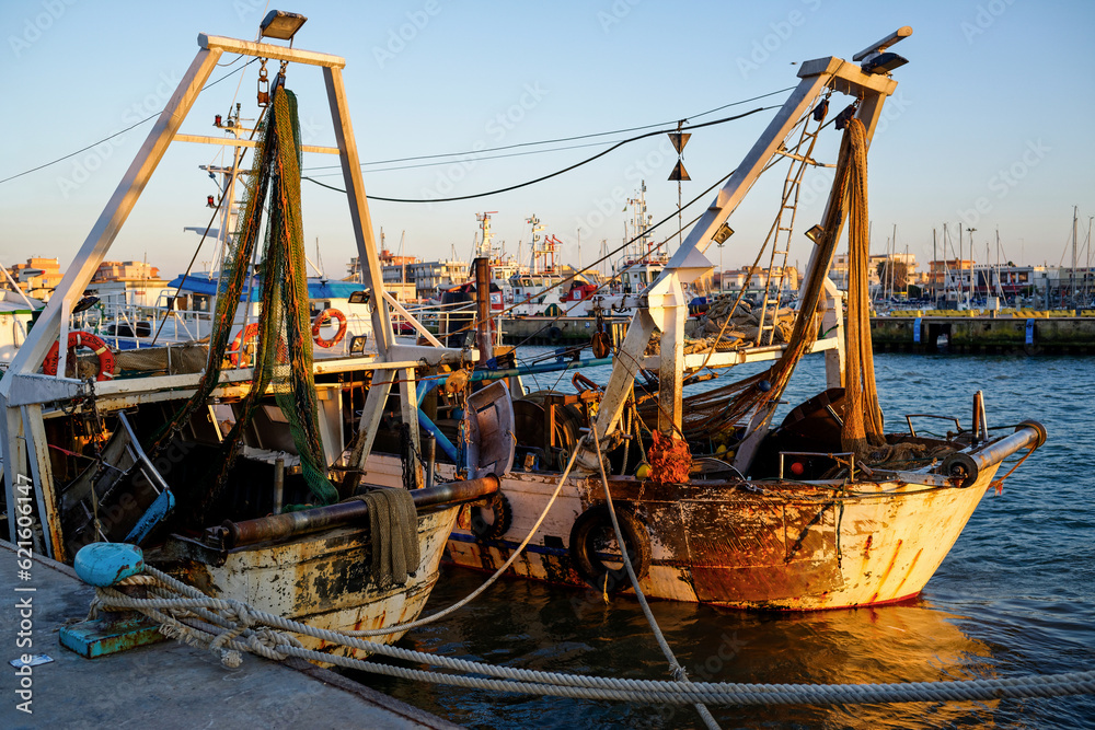 Fototapeta premium Chalutiers amarrés dans un port de pêche