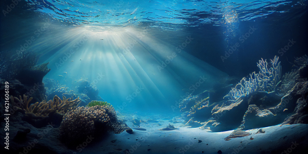 Obraz premium Underwater seascape - rays of light, fish and coral reef. Generative AI