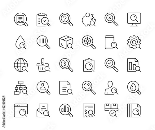 Search icons. Vector line icons set. Magnifier, SEO, zoom in and zoom out, find information, loupe, magnifier concepts. Black outline stroke symbols photo