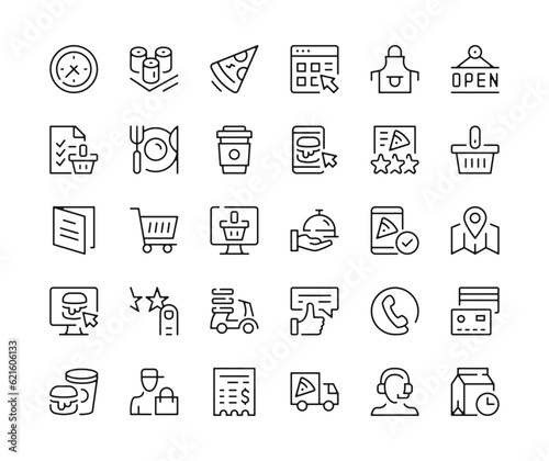 Food delivery icons. Vector line icons set. Order food, express shipping, fast food, courier, grocery store, online delivery service concepts. Black outline stroke symbols