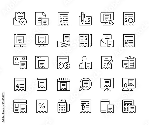 Receipt icons. Vector line icons set. Finance, payment, invoice, check, financial bill concepts. Black outline stroke symbols