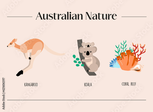 Set of illustrations with Australian animals and coral reef