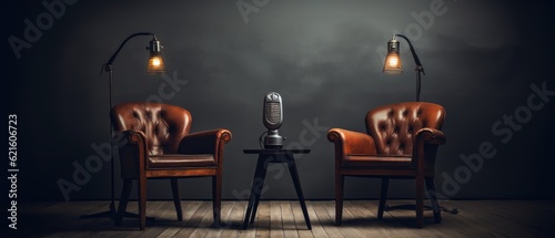 Fényképezés A dark-style room with two chairs and microphones for podcasts or interviews