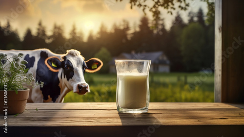 A glass of cow's milk on the background of the mountains of the new quality universal colorful festive image design illustration, generative ai