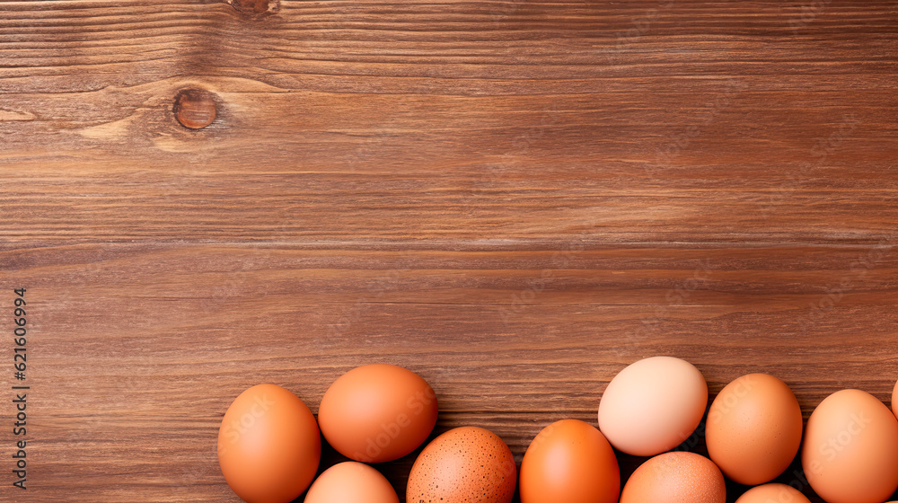 Raw brown chicken eggs on wooden table, flat lay. Space for text Raw brown chicken eggs on wooden table, flat lay. Space for text