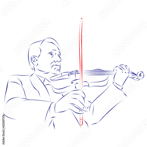 Continuous line drawing of a man playing a modern violin, isolated on white. Hand drawn, vector illustration
