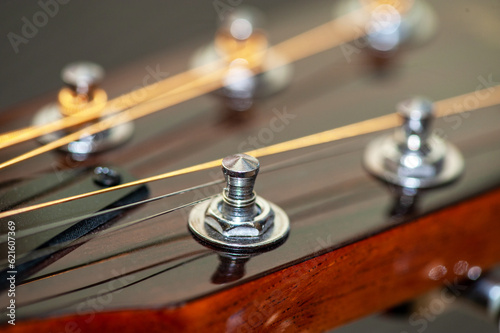 Guitar head with tuning heads. Selective focus on the pegs and copper strings.