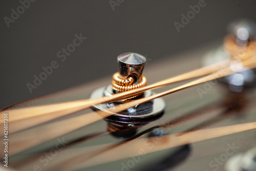 Guitar head with tuning heads. Selective focus on the pegs and copper strings.