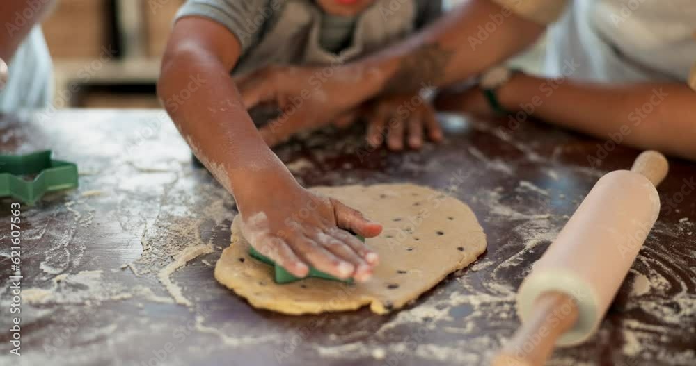 Cookie dough, hands and baking, people in kitchen with bonding, teaching and teaching baker skill with development. Countertop, cooking and process to bake with flour, bakery tools and helping Cookie dough, hands and baking, people in kitchen with bonding, teaching and teaching baker skill with development. Countertop, cooking and process to bake with flour, bakery tools and helping