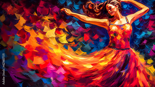 Flamenco dancer in colorful dresses, creative portrait, made with Generative AI