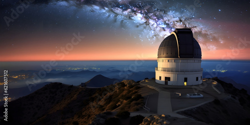 Fototapete A bustling observatory atop a mountain peak, with astronomers peering through po
